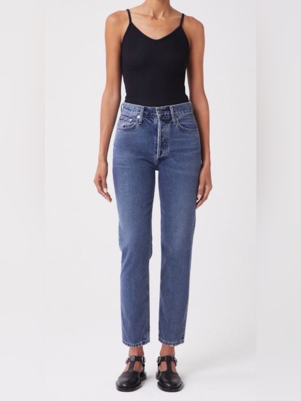 AGOLDE Fen High Rise Relaxed Taper Button Fly Blue Jeans in Highway Size